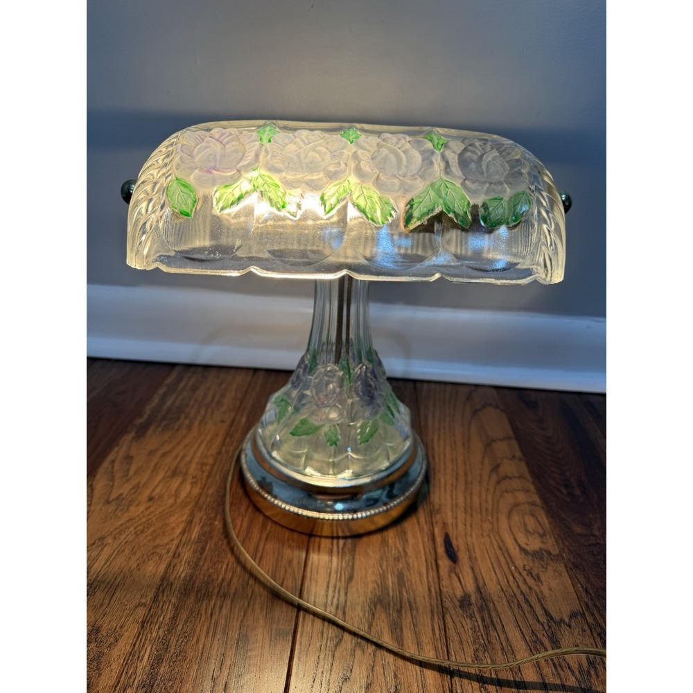 Vintage Anna Hutte Bleikristall Floral Glass Banker's Style Desk Lamp RARE 12"